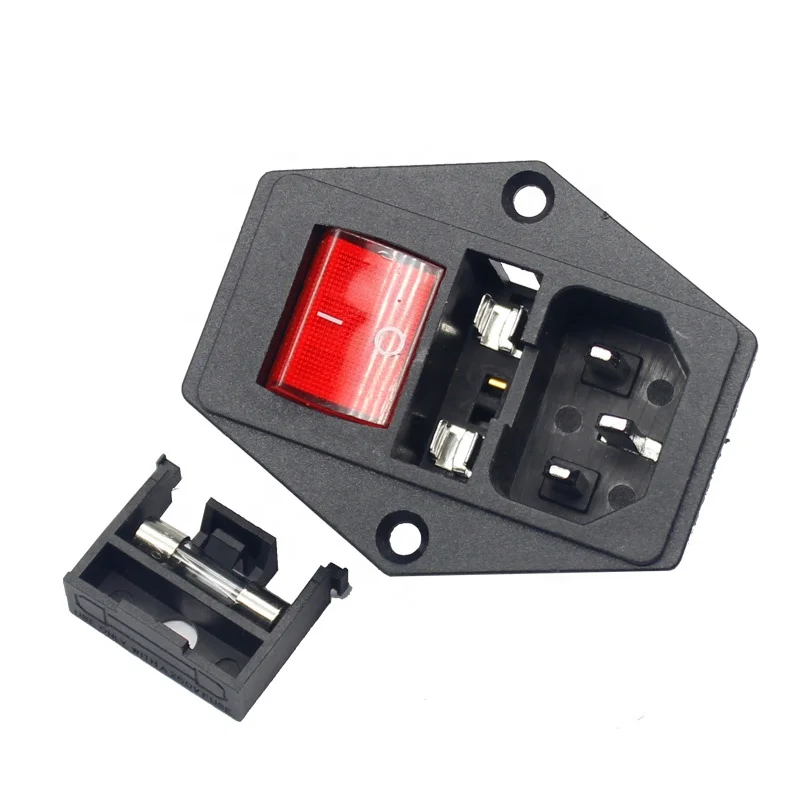 10A 250VAC 3/4 Pin Iec 320 C14 Inlaat Connector Plug Power Socket Met Rode Tuimelschakelaar 10A Zekering
