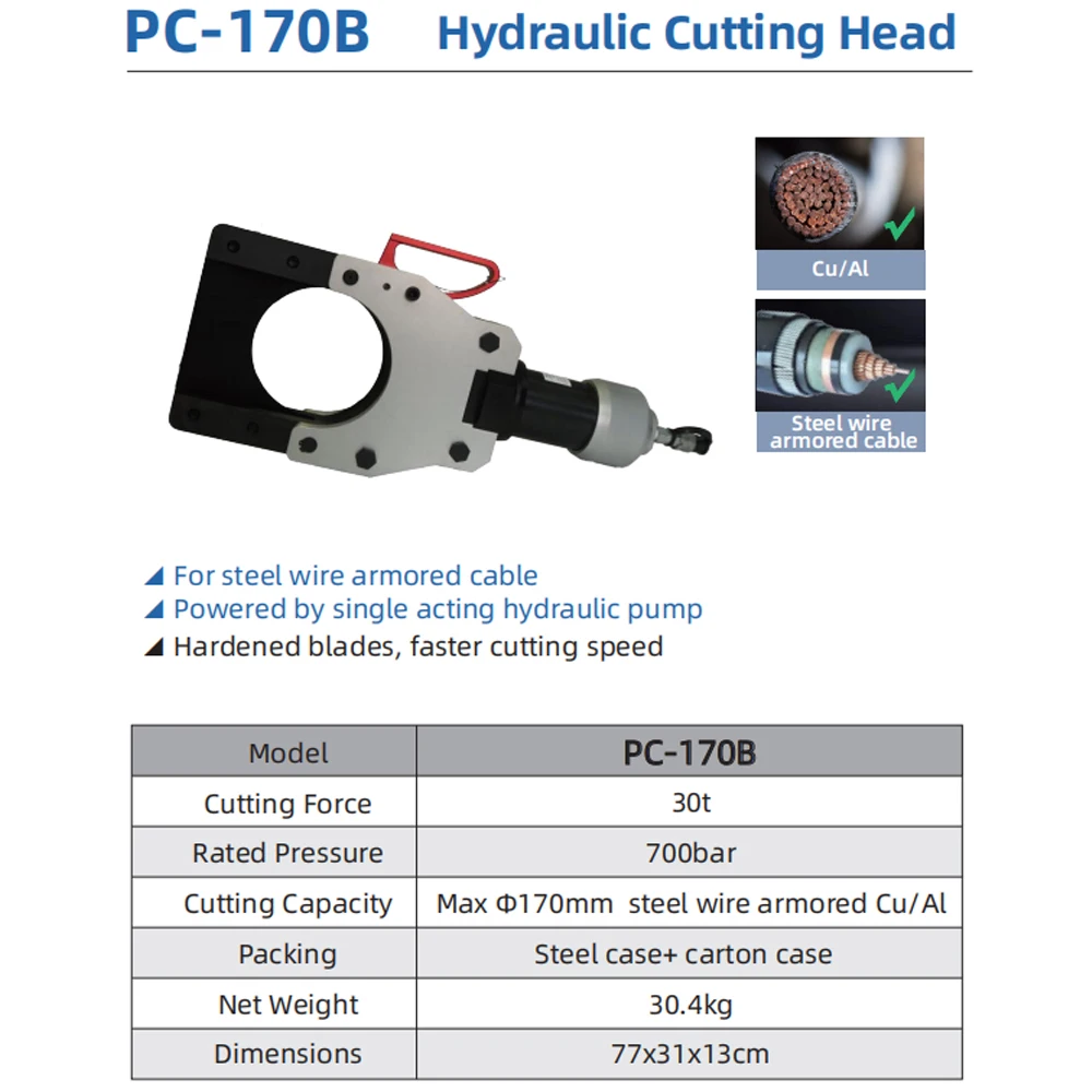 -170B Hydraulic Cutting Tool 30t 170mm Steel Wire Armored Cu Hardened Blade Hydraulic Cutting Head