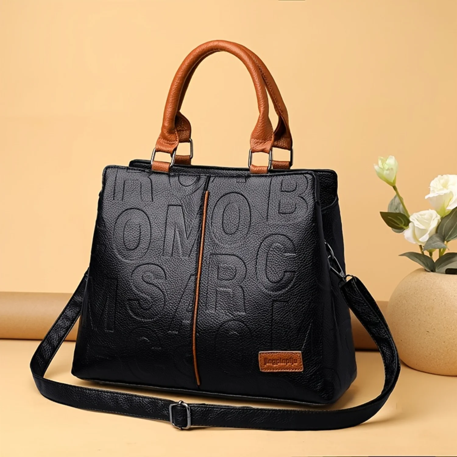 Embossed Letter Handbag - Faux Leather Shoulder Bag, Double Handles (8.4*8.6*3.5)