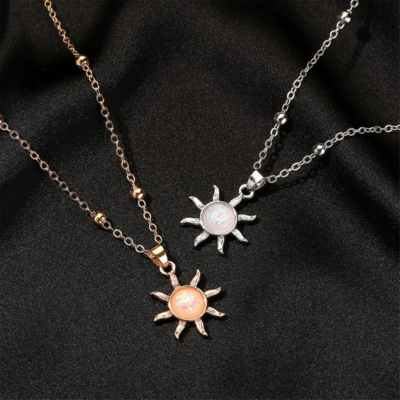 VIVILADY Opal Sun Pendant Necklace for Women Fashion Jewelry Minimalist Accessories Wearable for Gathering Date Party Travel