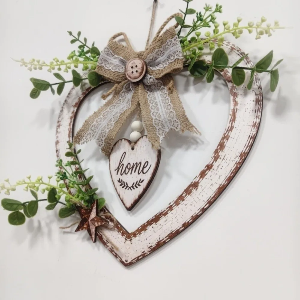 Vintage Heart Shaped Wall Decor Rustic Romantic Wall Hanging Sign Artificial Plant Bow Knot Home Wooden Wreath Bedroom Door