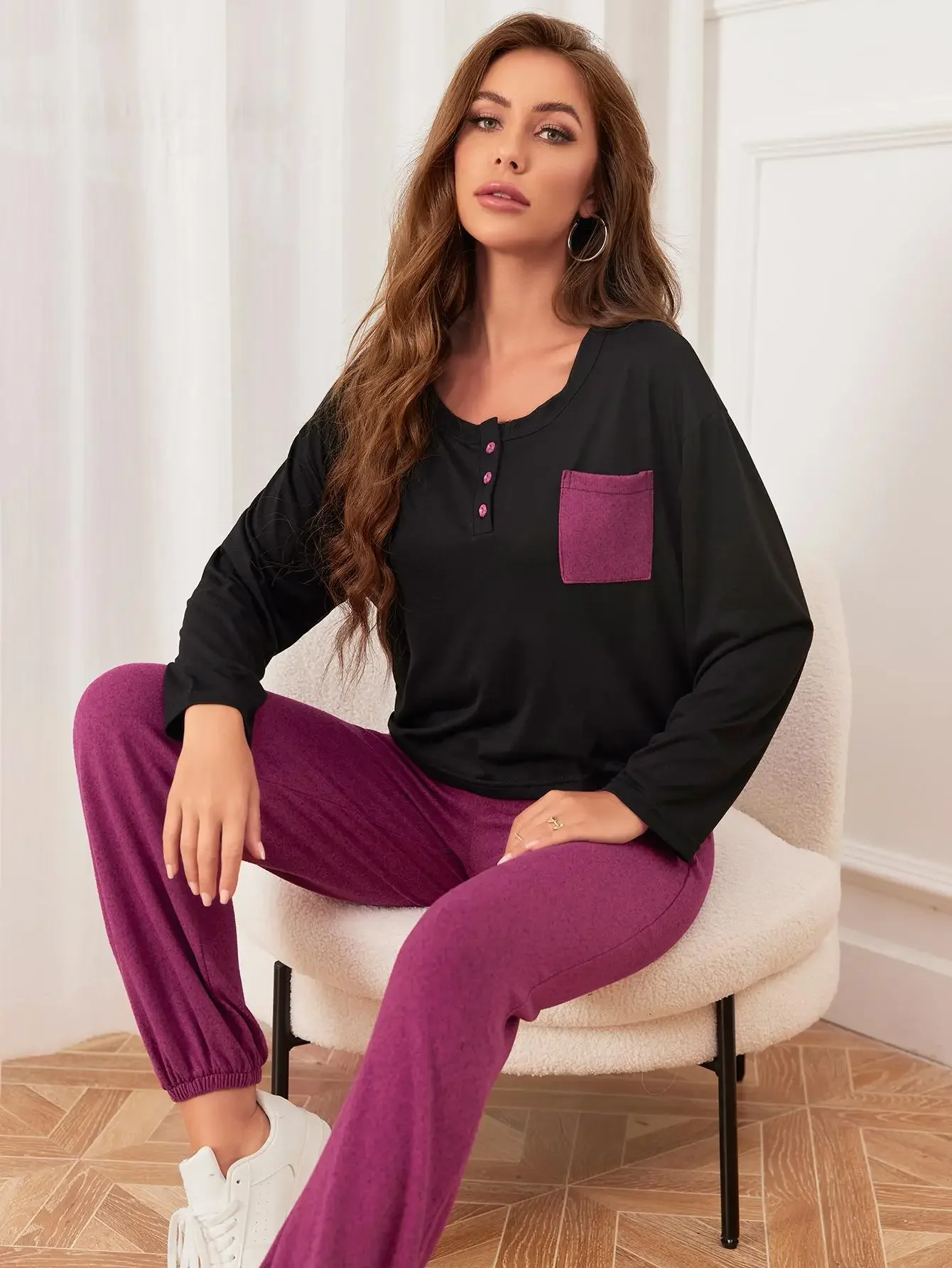 Solid Women Pajama Sets Long Sleeves Button Top & Full-Length Pants 2 Pieces Sleepwear Scroop Neck Female Nightwear Homwear