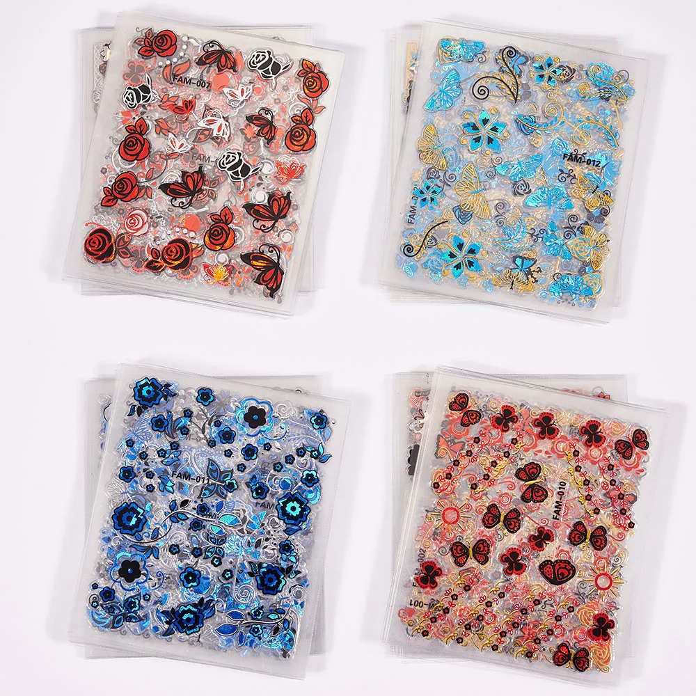 30 teile/satz Holographische Bronzing 3D Schmetterling Nail art Aufkleber Rot/Blau Blumen Klebstoff Sliders DIY Floral Nail Wraps abziehbilder