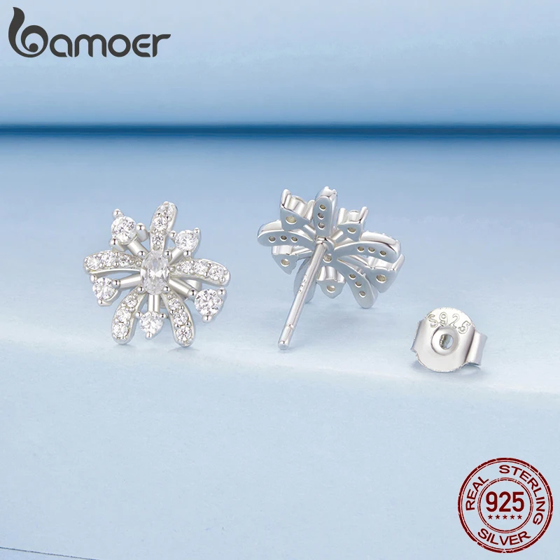 BAMOER Gold Plated Romantic Fireworks Stud Earrings 925 Sterling Silver Hypoallergenic Elegant Flower Earrings BSE1144