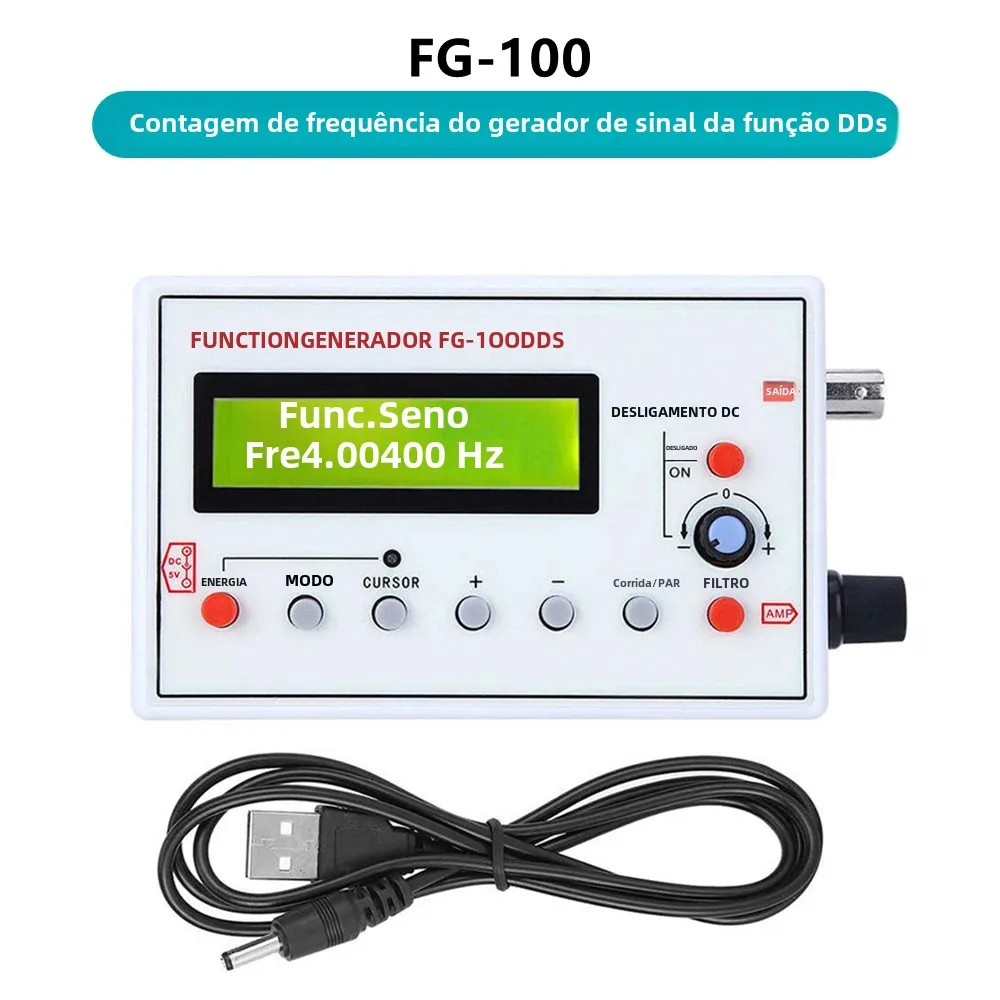 Gerador de Sinal DDS FG-100 com Contador de Frequência 1Hz - 500KHz, Módulo de Fonte de Sinal com Formas de Onda Senoidal, Quadrada, Triangular e Dente de Serra