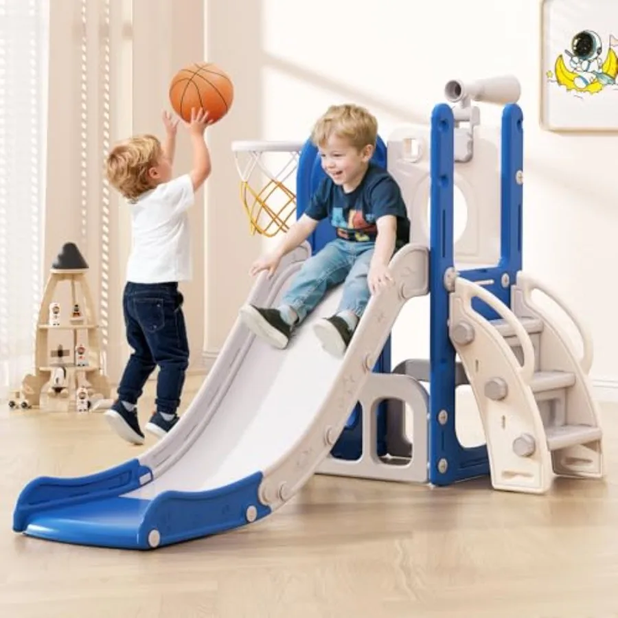 

Детская горка 6 в 1 для малышей 1-3 лет, игровой комплекс для дома и улицы с баскетбольным кольцом и телескопической горкой