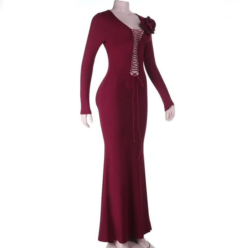 เดรสยาวผู้หญิง ฤดูใบไม้ผลิ ฤดูร้อน 2026 แฟชั่นฤดูใบไม้ร่วง แขนยาว ผูกเชือก เซ็กซี่ หรูหรา สำหรับงานเลี้ยงตอนเย็น ทรงเข้ารูป ยืดได้