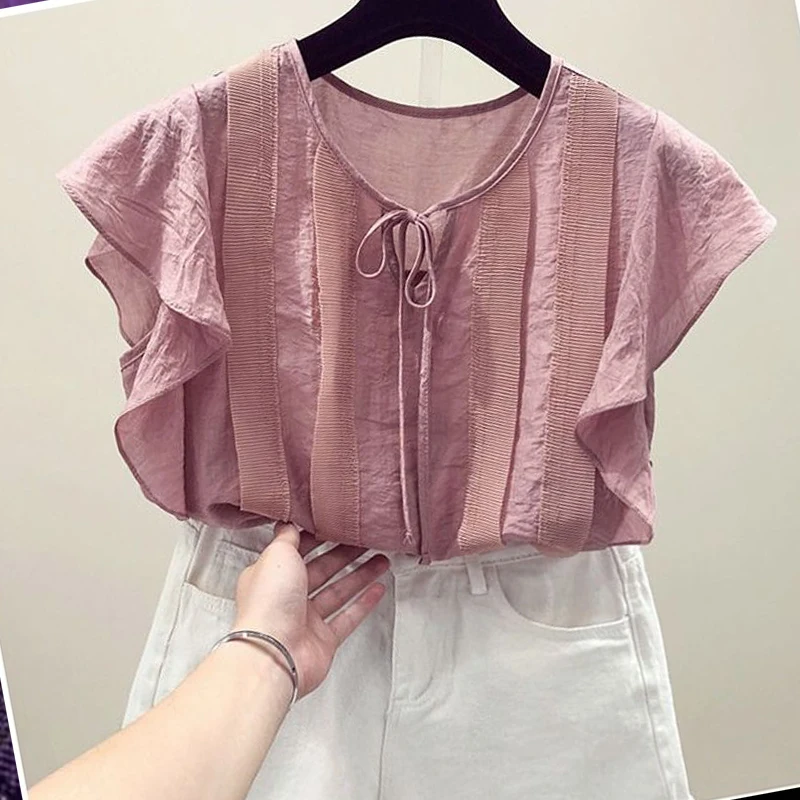 

Summer New Elegant Fashion Aesthetic Loose Casual Round Collar Butterfly Sleeve Short Sleeve Drawstring Solid Color Blouse Women