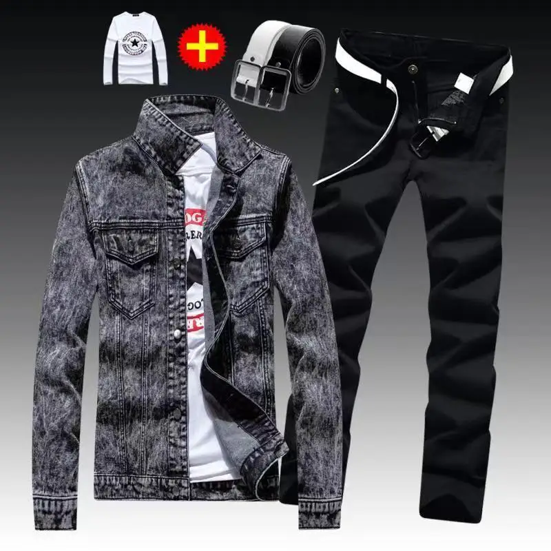 Men Denim Set Hip Hop New Spring Autumn Men\'s Denim Jacket Holes Single Breasted Coat Jeans Pants Suit