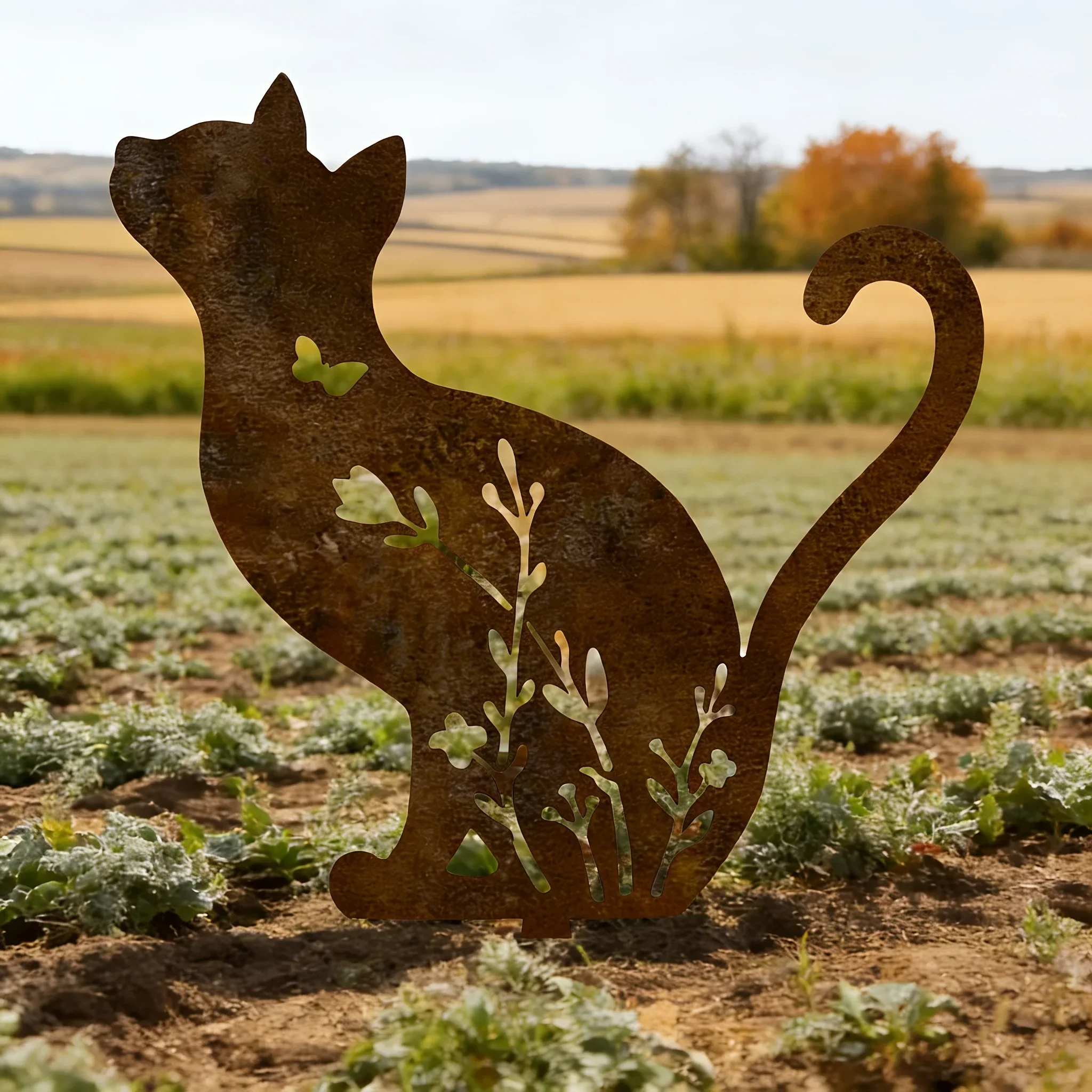 [2D Flat] Rustic Metal Cat Garden Stake Floral Hollow Cutout Outdoor Ground Spike Rusty Decor for Lawn Patio Yard Garden