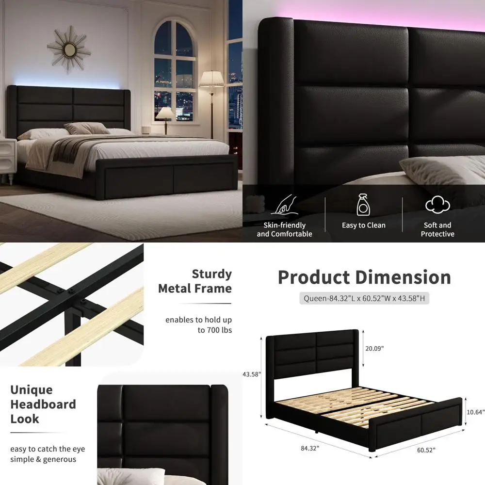 سرير حديث منجد من الجلد الصناعي مع لوح رأسي وأضواء LED ودعم شرائح خشبية للاستخدام الثقيل
