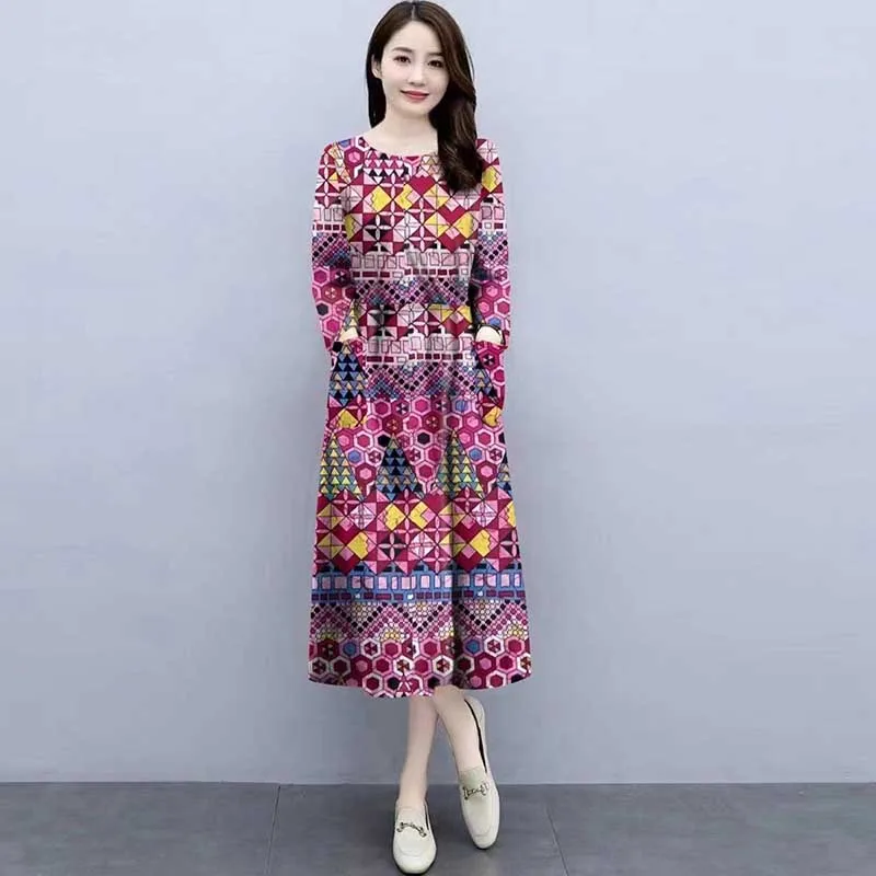 

Vintage Printed O-Neck Geometric All-match Loose Midi Dress Women Clothing 2024 Spring New Oversized Office Lady Ladies Dresses