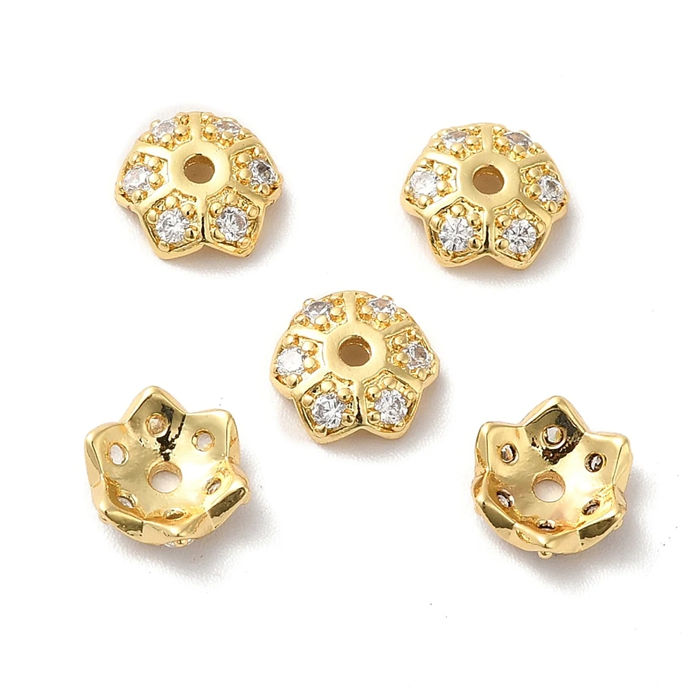 5PCS Brass Micro Pave Cubic Zirconia Bead Cap 6-Petal Flower Gold Plate For Making DIY Jewelry Necklace Bracelet Earring Finding