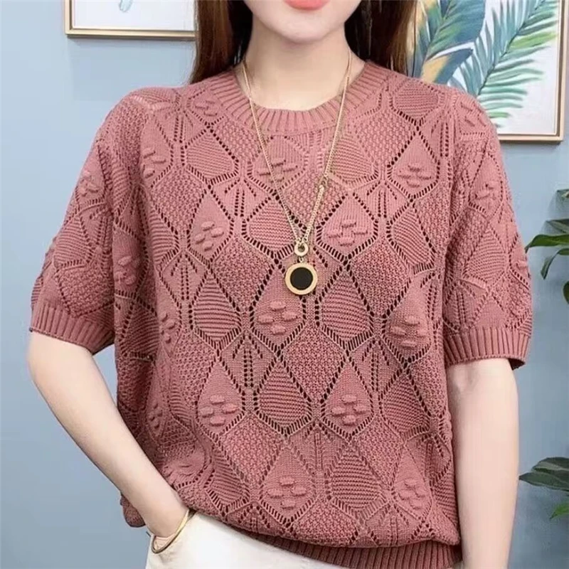 Women\'s Clothing 2023 Summer Korean Fashion Vintage Hollow Knitted Sweater Simple Casual Short Sleeve Solid Loose Pullovers Tops