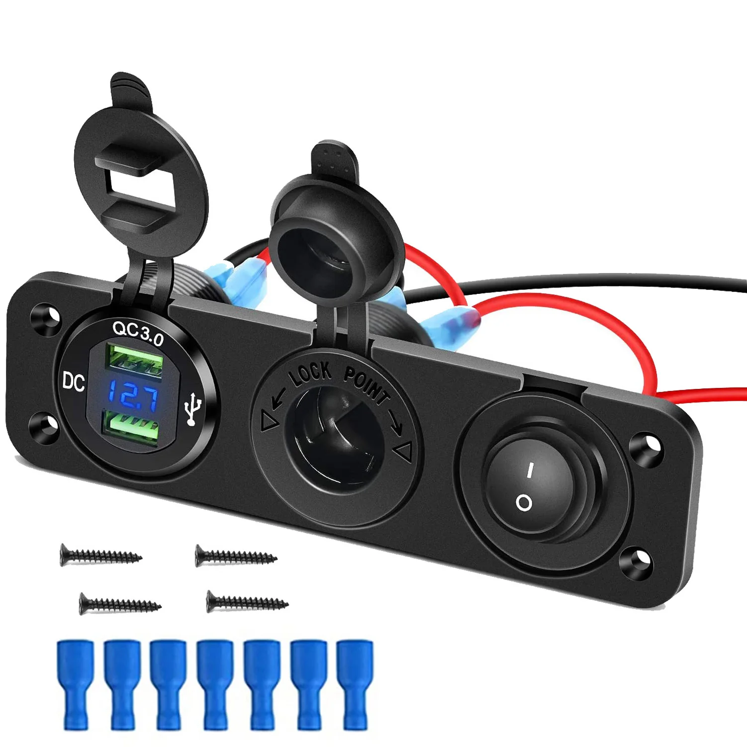 12V Marine Boat Cigarette Lighter Socket Dual QC3.0 USB Power Outlet Panel LED Display Waterproof Car Charger