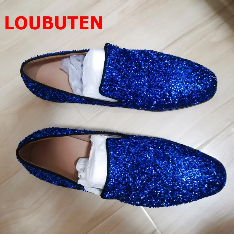 LOUBUTEN Navy Blue Glitter Loafers Luxury Men Sequins Shoes Handmade Fashion Slip On Dress Shoes Men's Flats Wedding Shoes