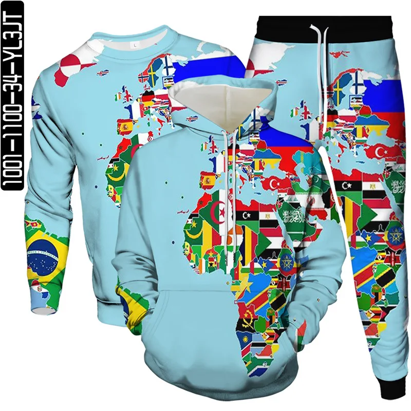 

World Map Africa Flag Ocean Print Men Fashion Tracksuit Women Casual Clothes Suit Hoodies Jogging Pant Sweatshirt 3Pcs Set S-6XL