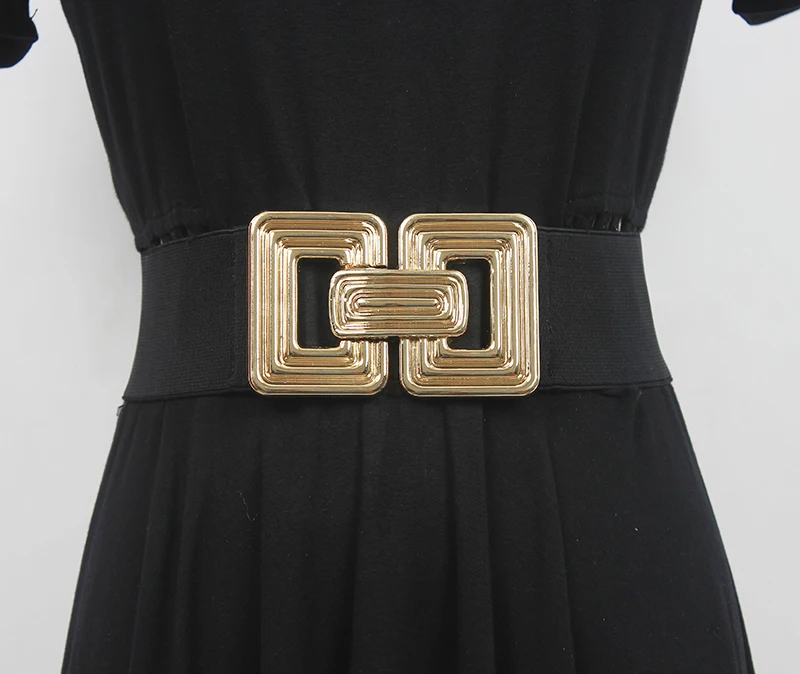 

Women's Runway Fashion Gold Buckle Elastic Cummerbunds Female Dress Corsets Waistband Belts Decoration Wide Belt R571