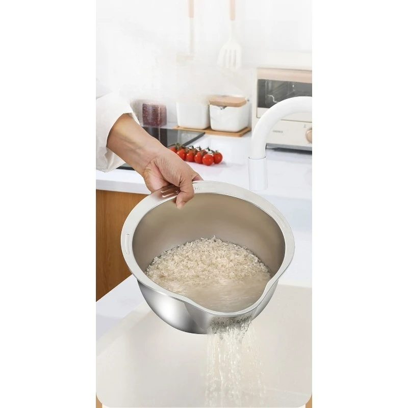 304 Stainless Steel Rice Washing Bowl Inclined Bottom Perforated Drain Basin Multi-purpose Fruit Vegetable Colander