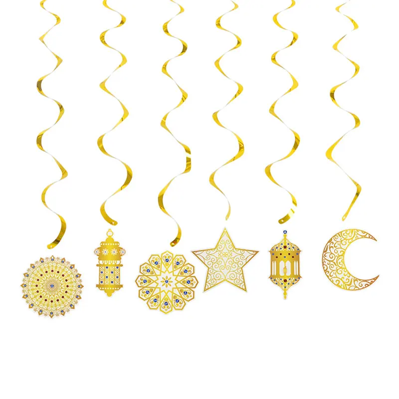 6 stücke Eid Mubarak Gold Spirale Banner Swirl Eid Anhänger Bunting Islamischen Muslimischen Hadsch Ramadan Mubarak Festival Party Dekoration