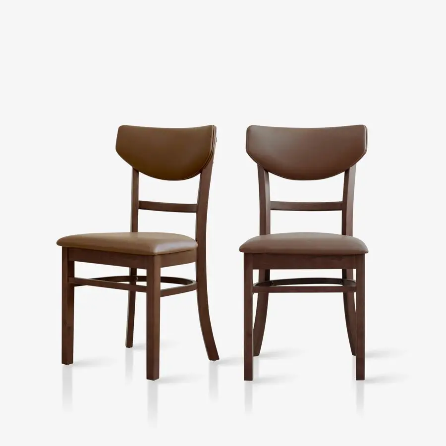 

Bay Dining Chair Set of 2, Solid Malaysian Oak PU Leather Upholstered Cushion Seat, Curved Back Side Chairs Walnut