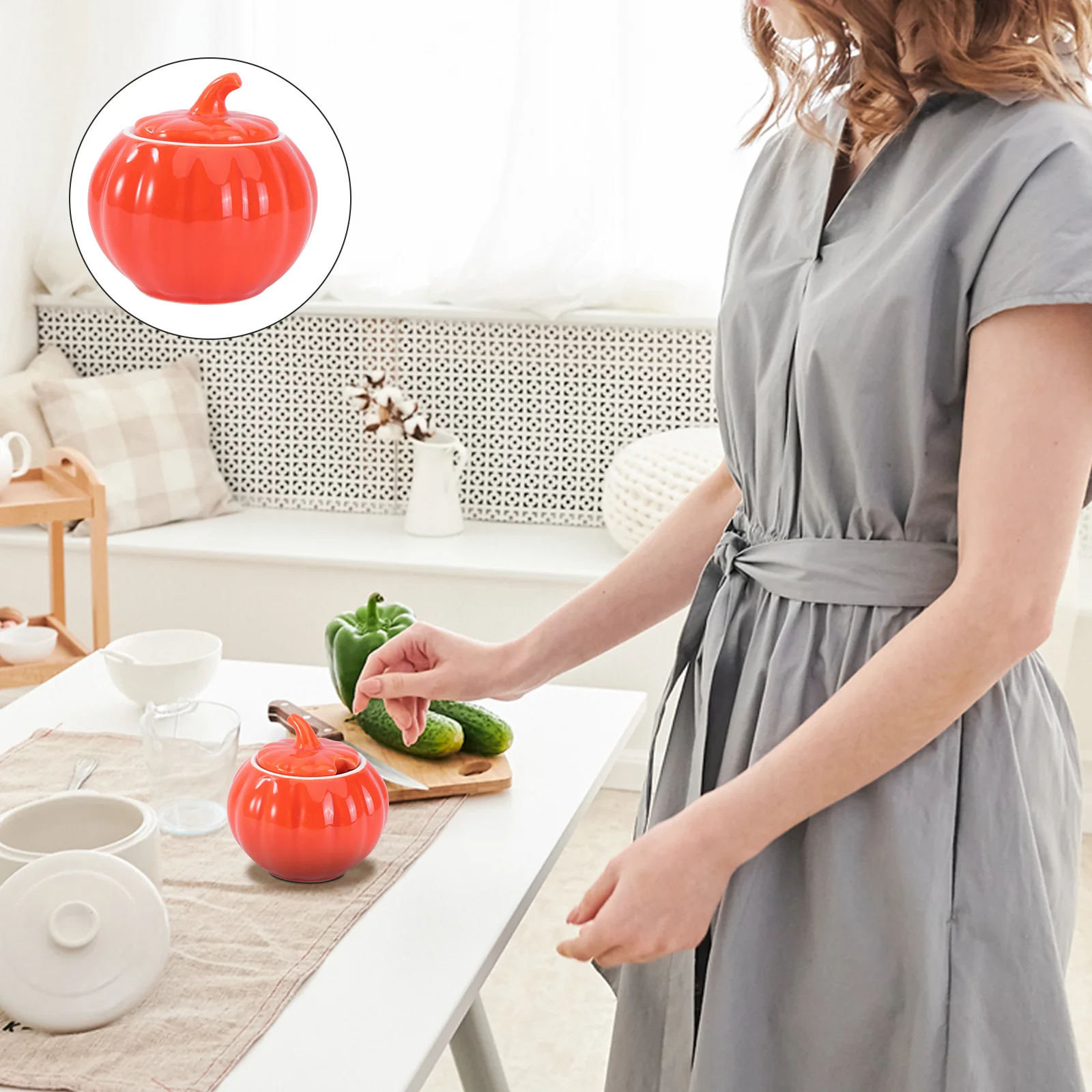 

1Set Pumpkin Style Spice Jar Ceramic Salt Chili Oil Container Small Compact Kitchen Supplies with Spoon Spice Jar