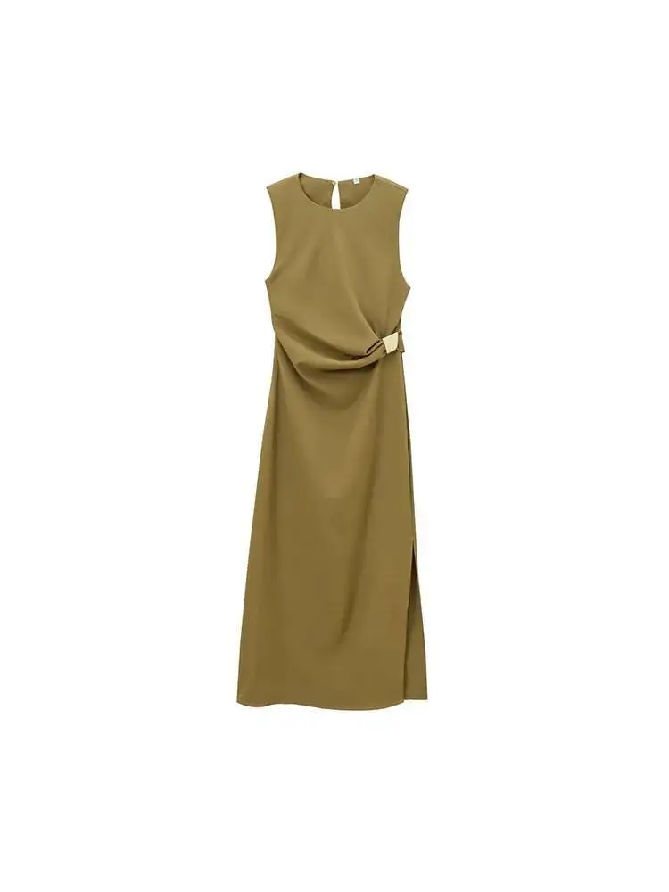 2025年秋新作 レディースファッション 気質 スリム ショルダーパッド付き ラウンドネック ノースリーブ ミディ丈ワンピース DD6P