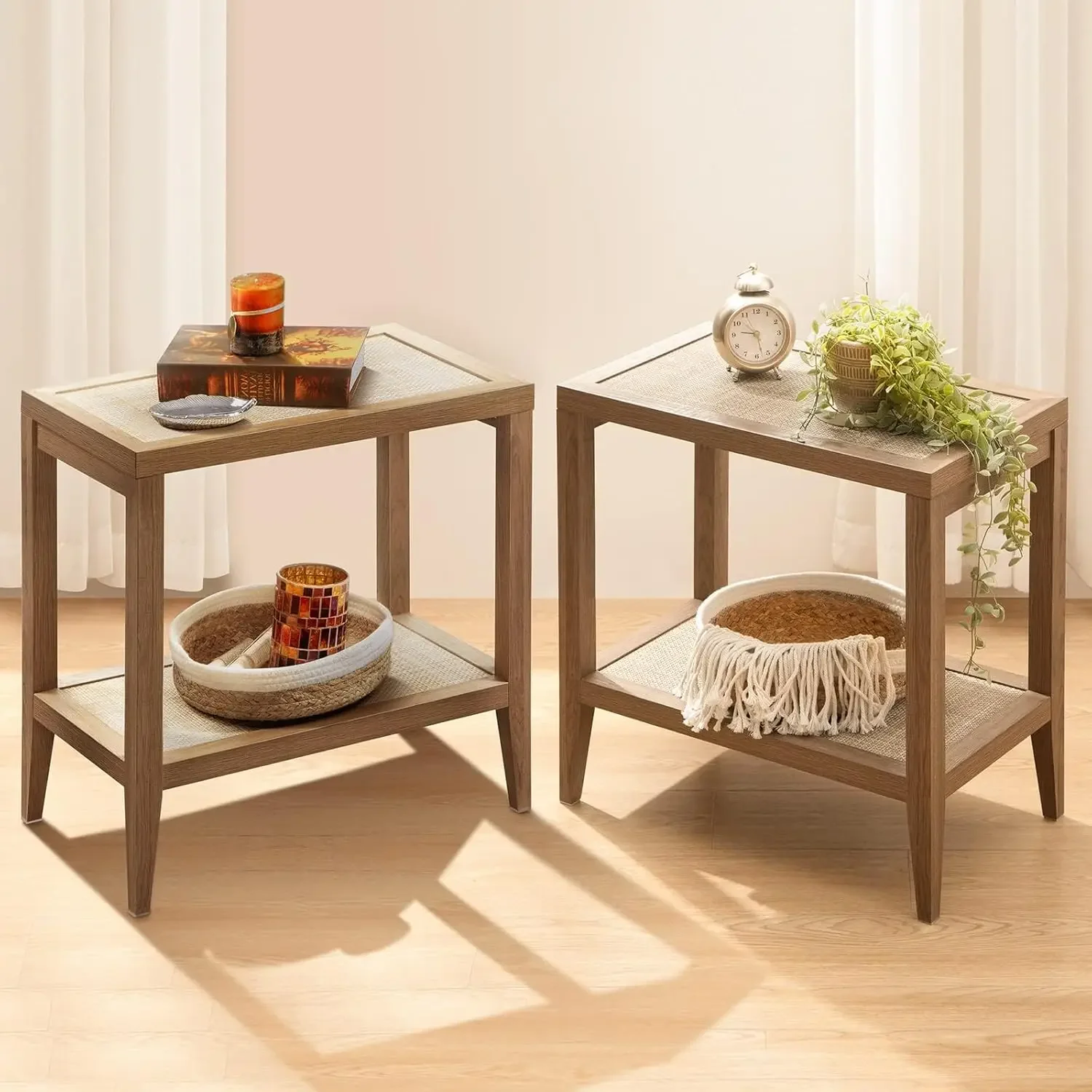 of 2 Bedside Table - Boho Narrow End Table Living Room Set of 2 Side Table with Rattan Storage Sh