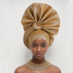 Nigerian Gele Headtie Aso Oke 2025 High Quality African Aso Oke Gele Already Made Auto Gele African Turban Cap for Party Wedding