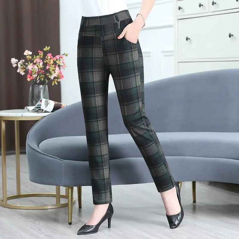 Spring Autumn Casual Plaid Printing Trousers Women\'s Pockets Patchwork Vintage Elastic High Waist Black Straight Pants Trend