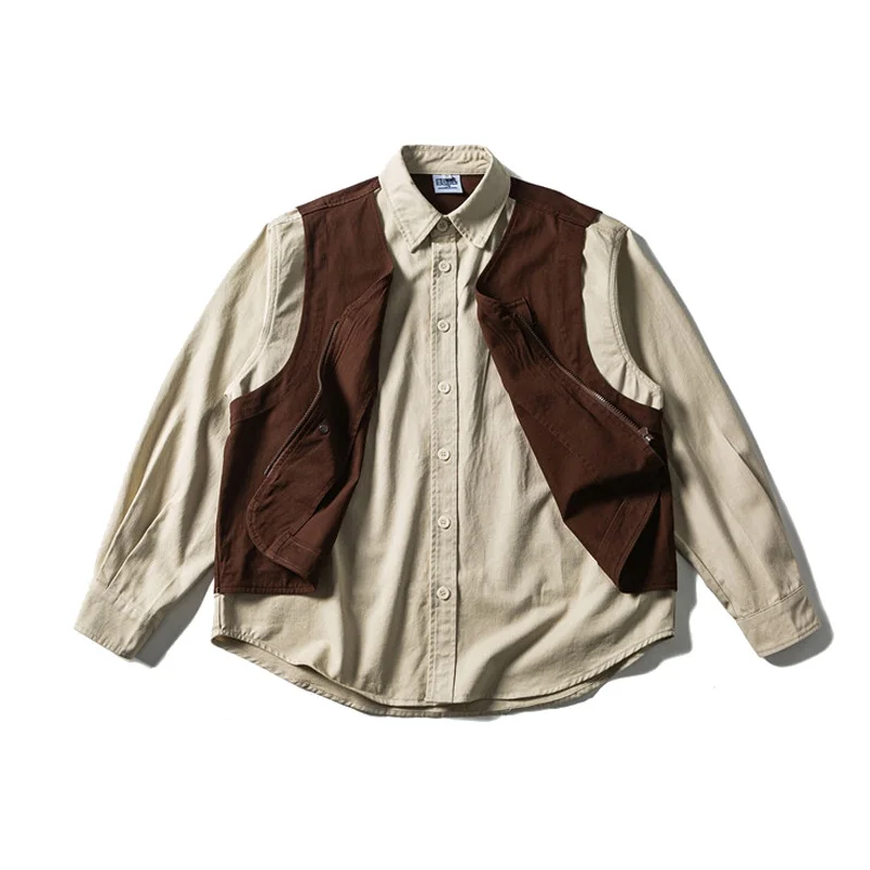 Men Splice Vest Washed Cotton Streetwear Fashion Loose Casual Long Sleeve Cargo Shirts Cityboy Oversize Shirt Blouses
