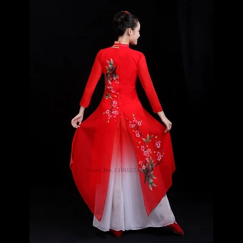 2026 chinesisches Volkstanzkleid, traditionelles Bühnentanzkostüm, Blumenstickerei, Qipao-Tops + Hosen, Set, chinesisches Kleid, Tanzoutfit