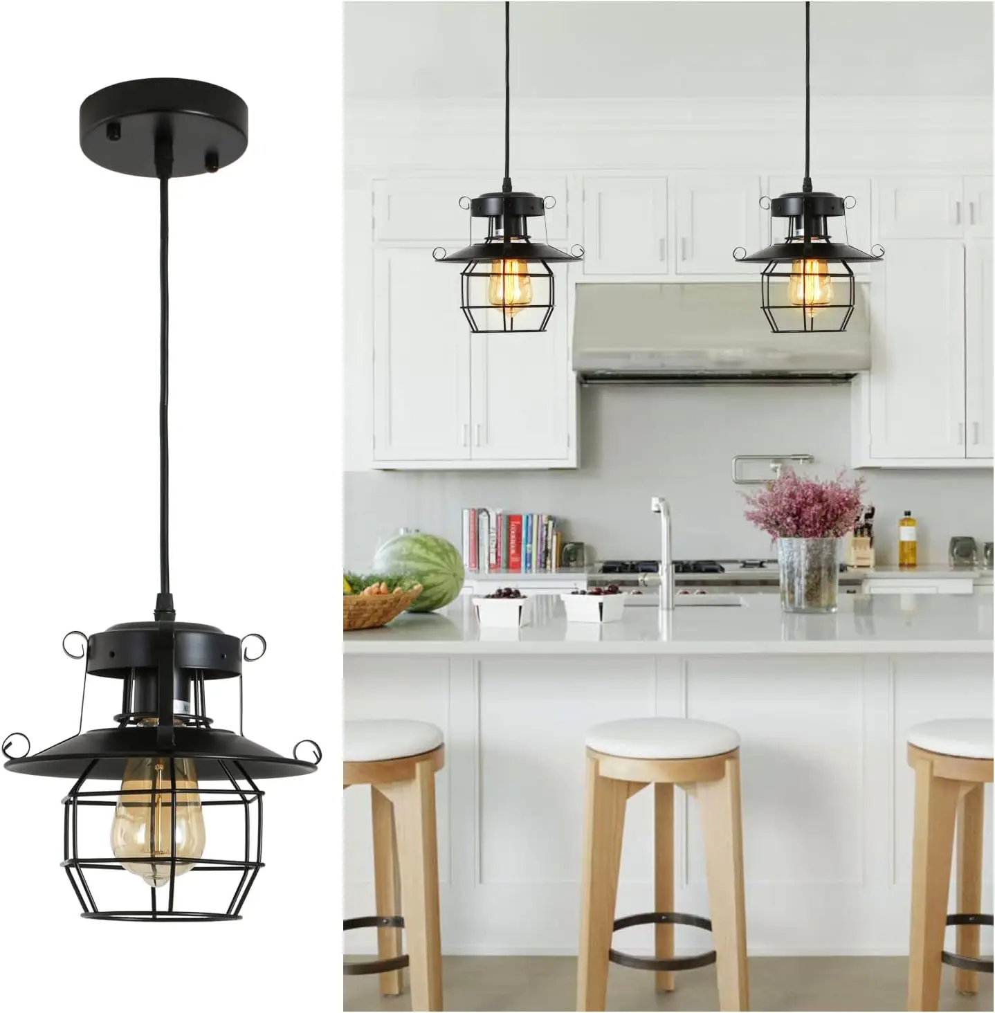 intage Farmhouse Pendant Light Rustic Metal Caged Pendant Lights Black Cage Hanging Lamp