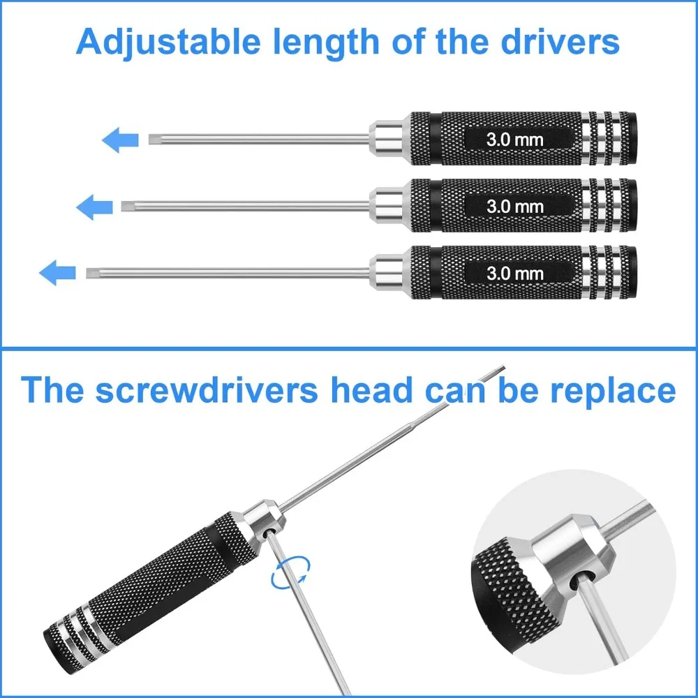 Juego de herramientas de destornillador hexagonal RC: 0,9 mm 1,27 mm 1,3 mm 1,5 mm 2,0 mm 2,5 mm 3,0 mm Kit de destornilladores con destornillador de tuerca hexagonal y llave de coche RC
