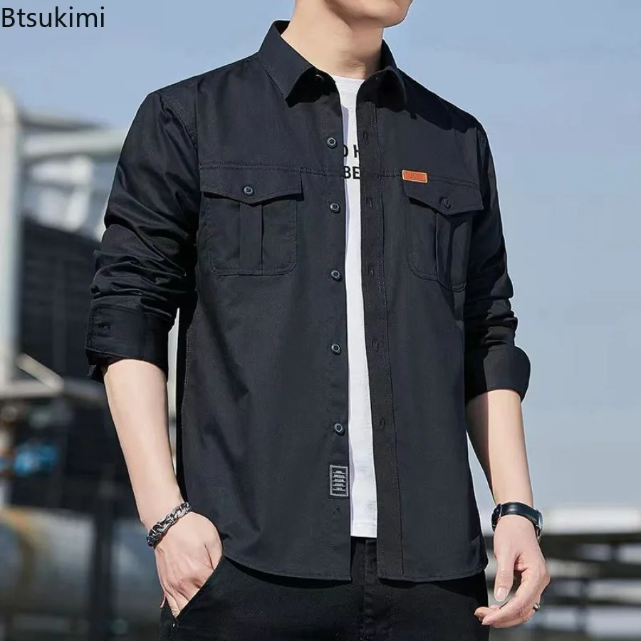 100% Cotton Cargo Shirts Spring Autumn Men's Long Sleeve Loose Casual Shirt with Pockets High Quality Men Clothing Shirt Jackets