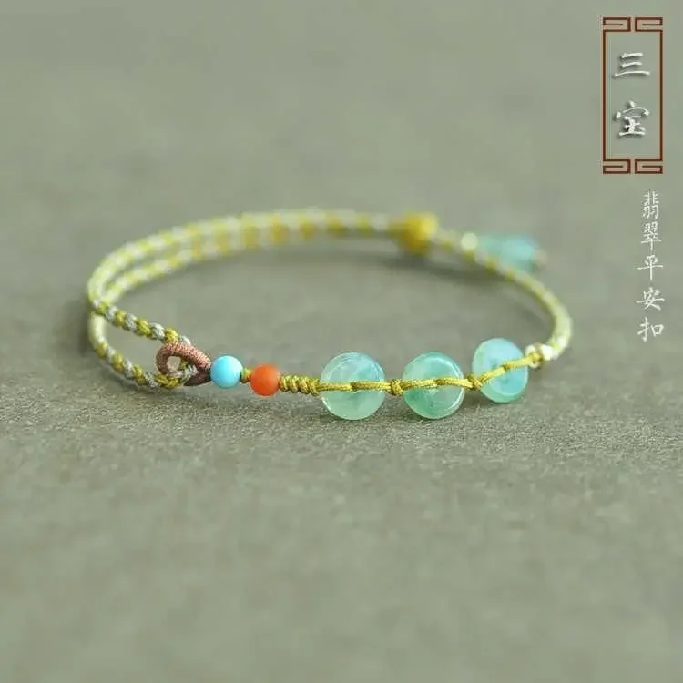 Sanbao Natural A Good Jade Ping An Buckle Jade This Year of Life Hand Rope Male and Female Students Girlfriend Couple HandString
