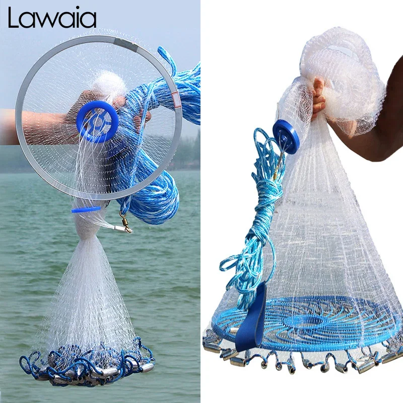 

Lawaia Hand Cast Net 240cm 420cm 600cm Fishnet Monofilament Nylon Wire Material Aluminum or Blue Plastic Ring Folding Network