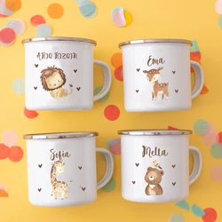 Caneca animal dos desenhos animados personalizada para crianças, volta à escola, esmalte camping copos com nome, presentes infantis