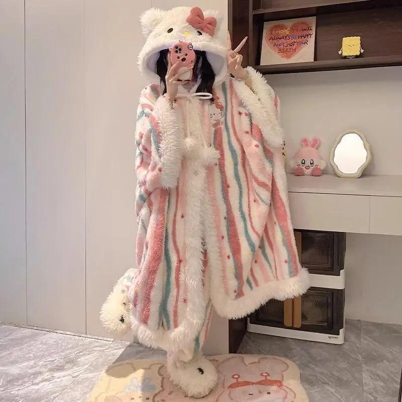 

Sanrio Hello Kitty Dopamine Kit Fluffy Coral Fleece Hooded Cloak Robe Pajamas Women Autumn Winter Homewear Thickened Warm Cozy