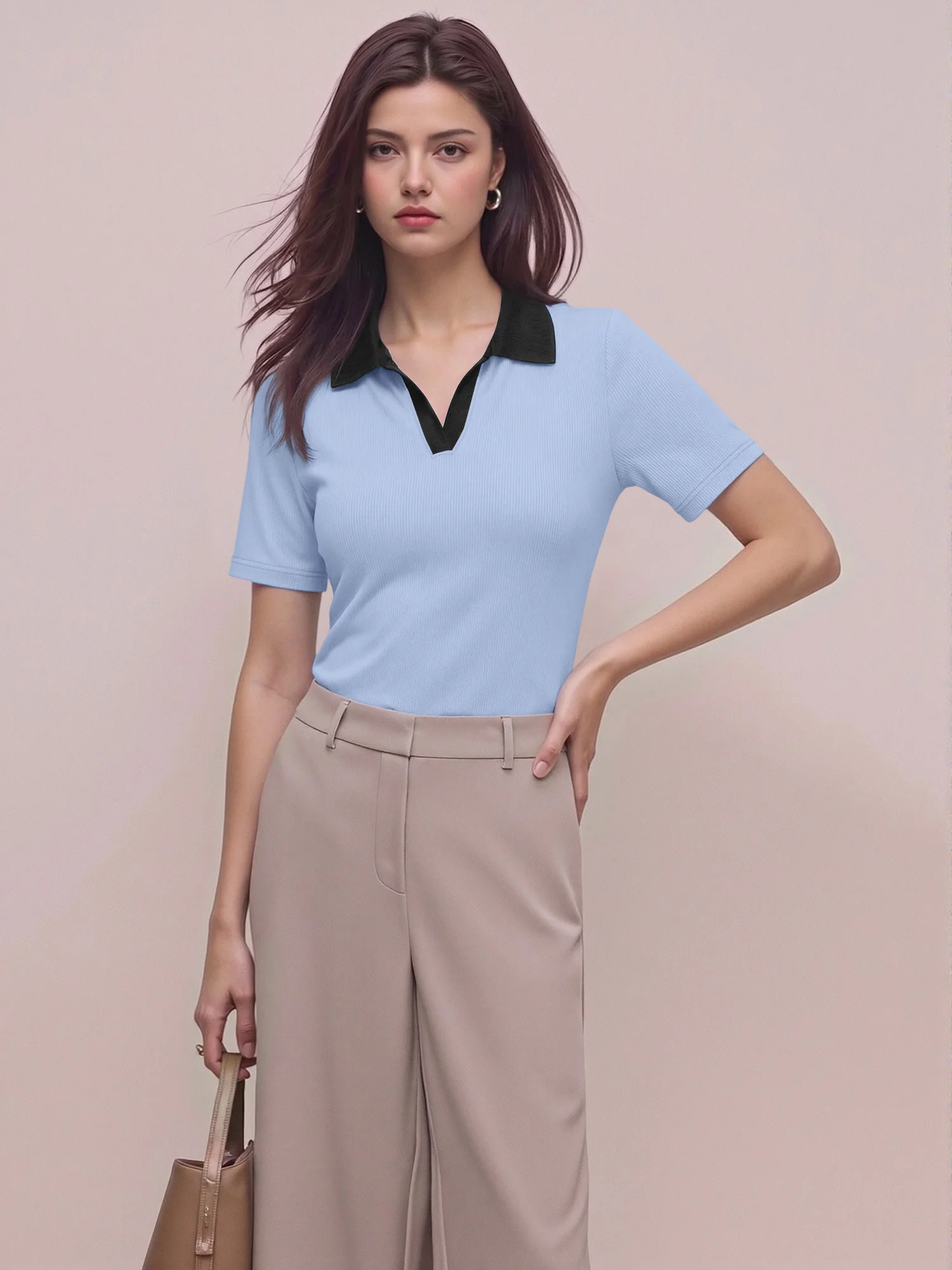 Essential Fitted Polo Blouse, Ribbed Knit Contrast Collar Top for Mix‑and‑Match Wardrobe Combinations