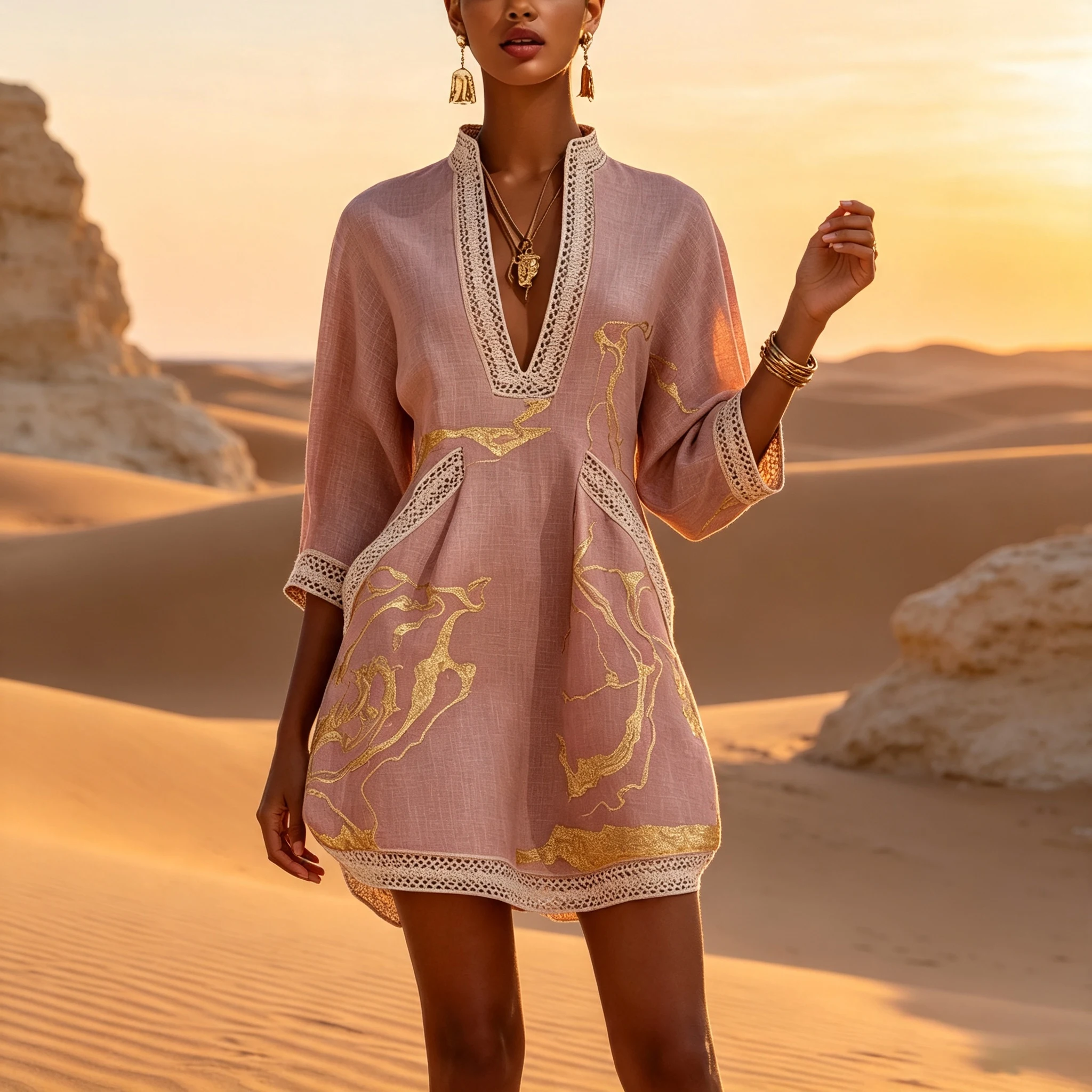 Elegantes Minikleid für Damen, modisches Spitzenbesatz, V-Ausschnitt, abstrakter Druck, 3/4-Ärmel, Taschenkleid, lässig, für Pendeln und Urlaub. – Detail 3