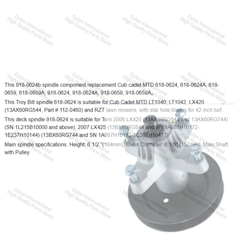 Lawn Mower Spindle Suitable for MTD 618-0624A 618-0659 618-0659A 918-0624 918-0624A 918-0659 918-0659A LT1040 LT1042
