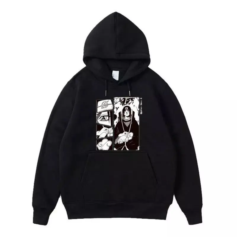 

Black Anime Hoodie Manga Style Character with Crossed Arms Design Distressed Texture Oversized Streetwear with Kangaroo Pocket​​