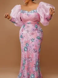 Elegant Plus Size for Women Luxury Jacquard Sweetheart Puffy Tulle Long Sleeve Embroidery Trumpet Formal Party Evening Dress