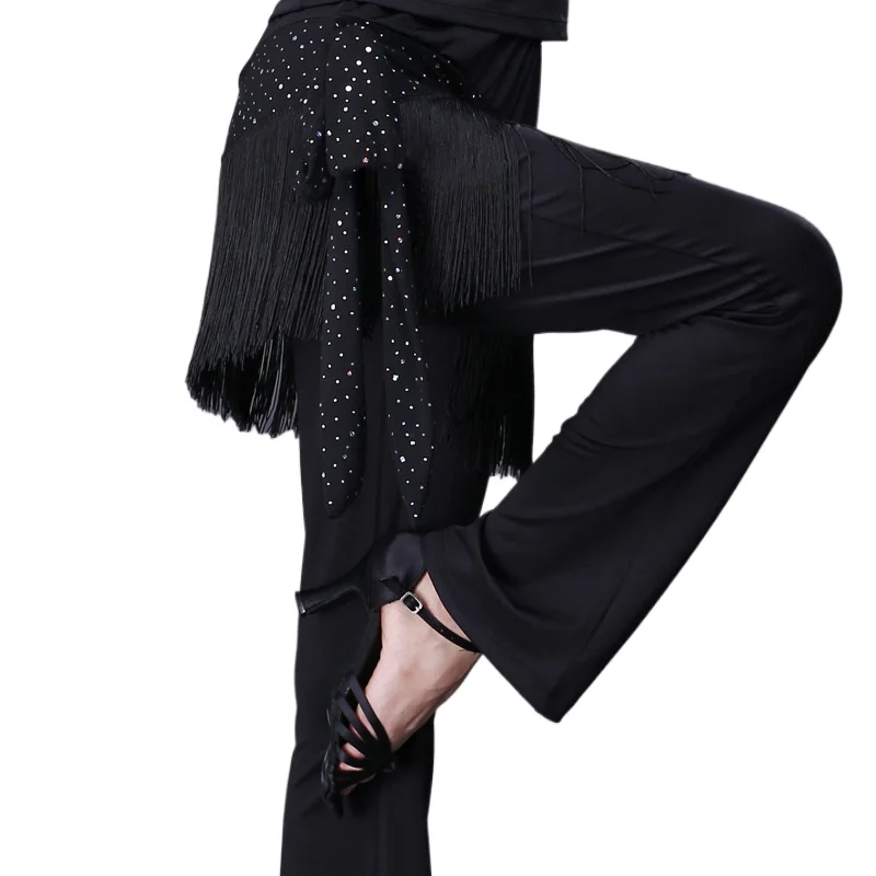 Trajes de dança quadrada fio brilhante emenda novo preto novo sexy borla calças longas femininas dança latina pano prática feminina