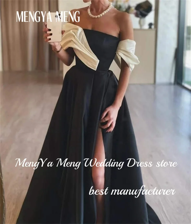 우아한 흑백 이브닝 가운 A라인 새틴 사이드 하이 슬릿 포멀 프롬 드레스 사우디 플로어 길이 맞춤형 갈라 드레스