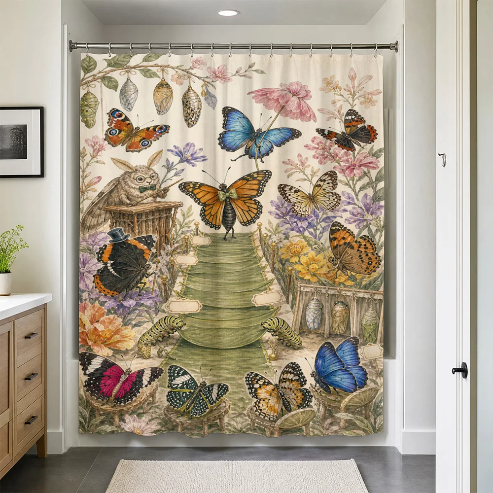 Waterproof Floral Butterfly Nature Print Shower Curtain Liner for Bathroom Home Decor Botanical Jungle Curtain