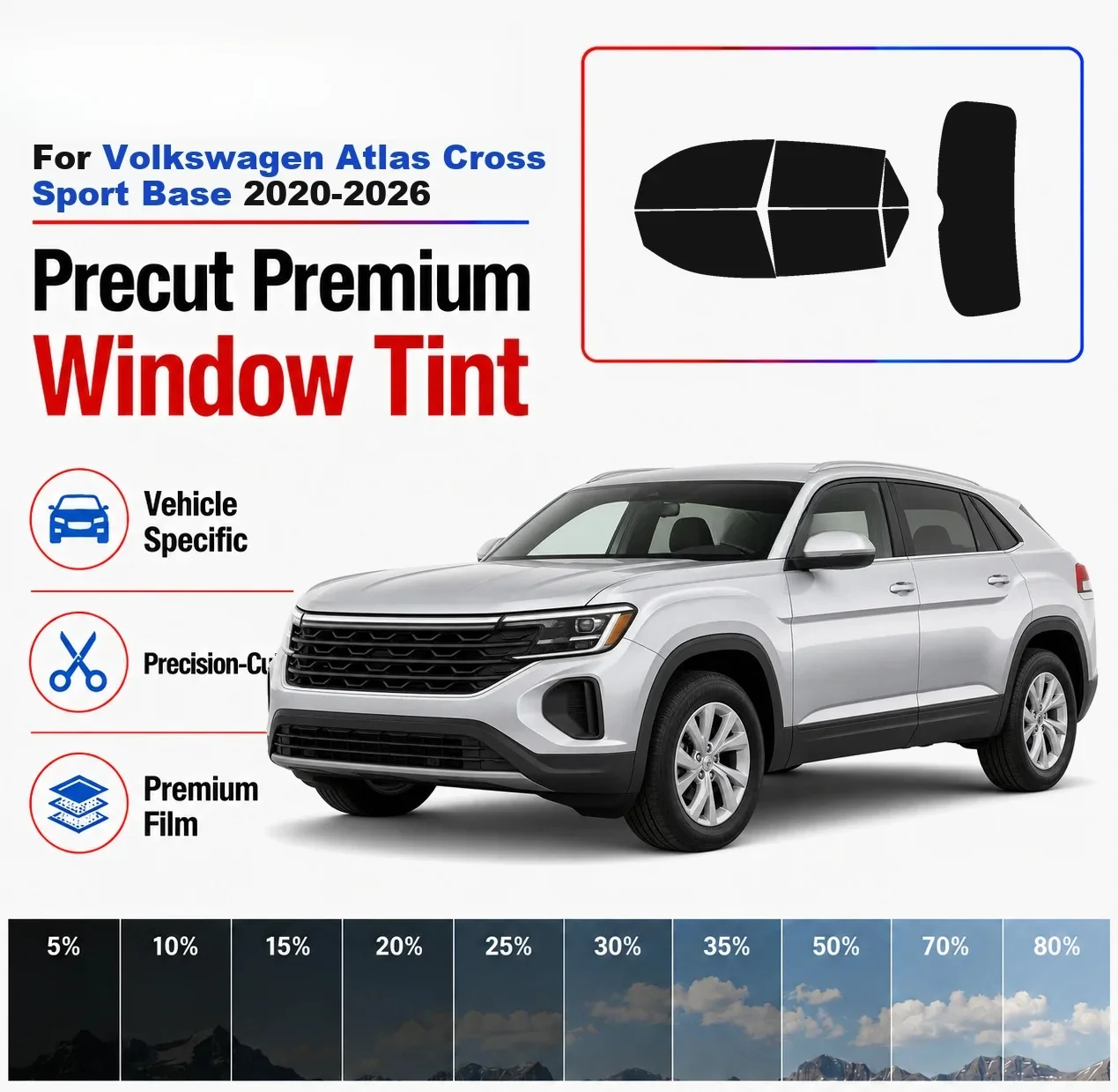 Premium Precut Window Tint Kit Front Rear Windows For Volkswagen Atlas Cross Sport Base 2020-2026 Complete Set Nano Ceramic Film