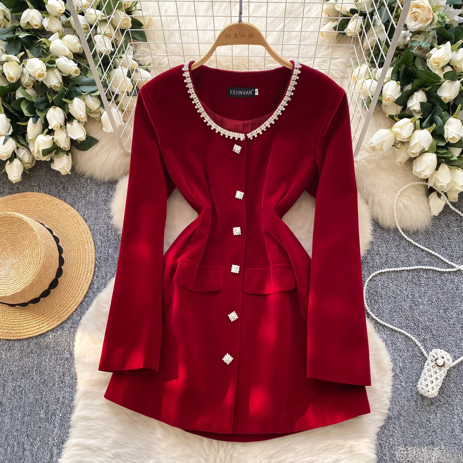 Élégant Chic col rond à manches longues velours français soirée haute rue femmes vêtements mini robe