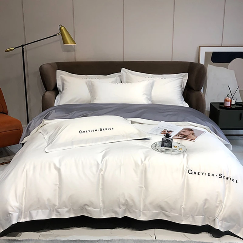 2024 New Four-piece Bedding Simple Cotton Double Household Bed Sheet Letter Pattern Quilt Cover Comfortable Bedding White Gray